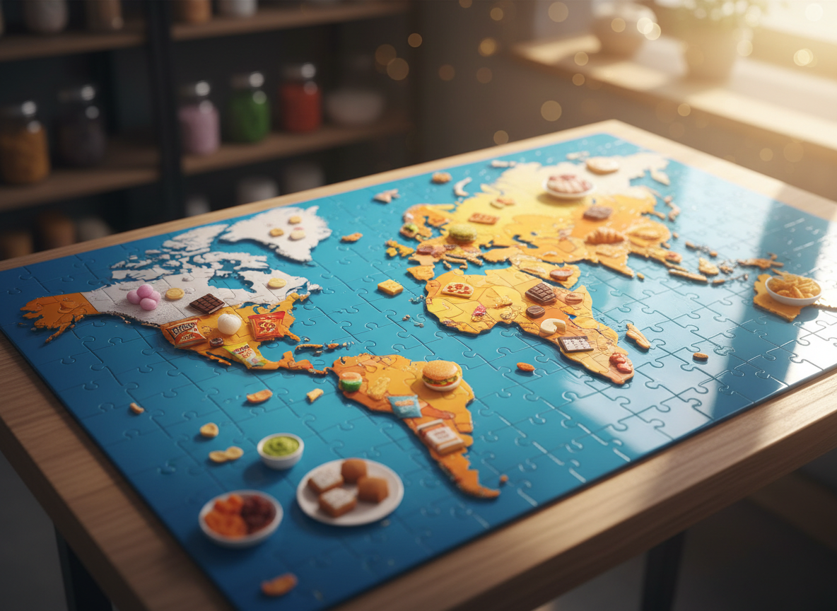 A high-gloss, oversized world map puzzle, each continent rendered in soft, rounded edges and decorated with tiny photographic snack icons representing regional treats—colorful mochi for Asia, chocolate bars for Europe, spicy chips for the Americas. Set on a brushed wooden tabletop with bright, energetic light streaming in from the right, the puzzle pieces gleam with vibrant colors, and the snacks’ textures are hyper-realistic. The camera captures the map from a high, slightly canted angle, creating a sense of playfulness and discovery. Subtle bokeh in the background highlights the puzzle, generating a vivid, inviting, and playful mood perfectly tailored for a travel-inspired snack shop.