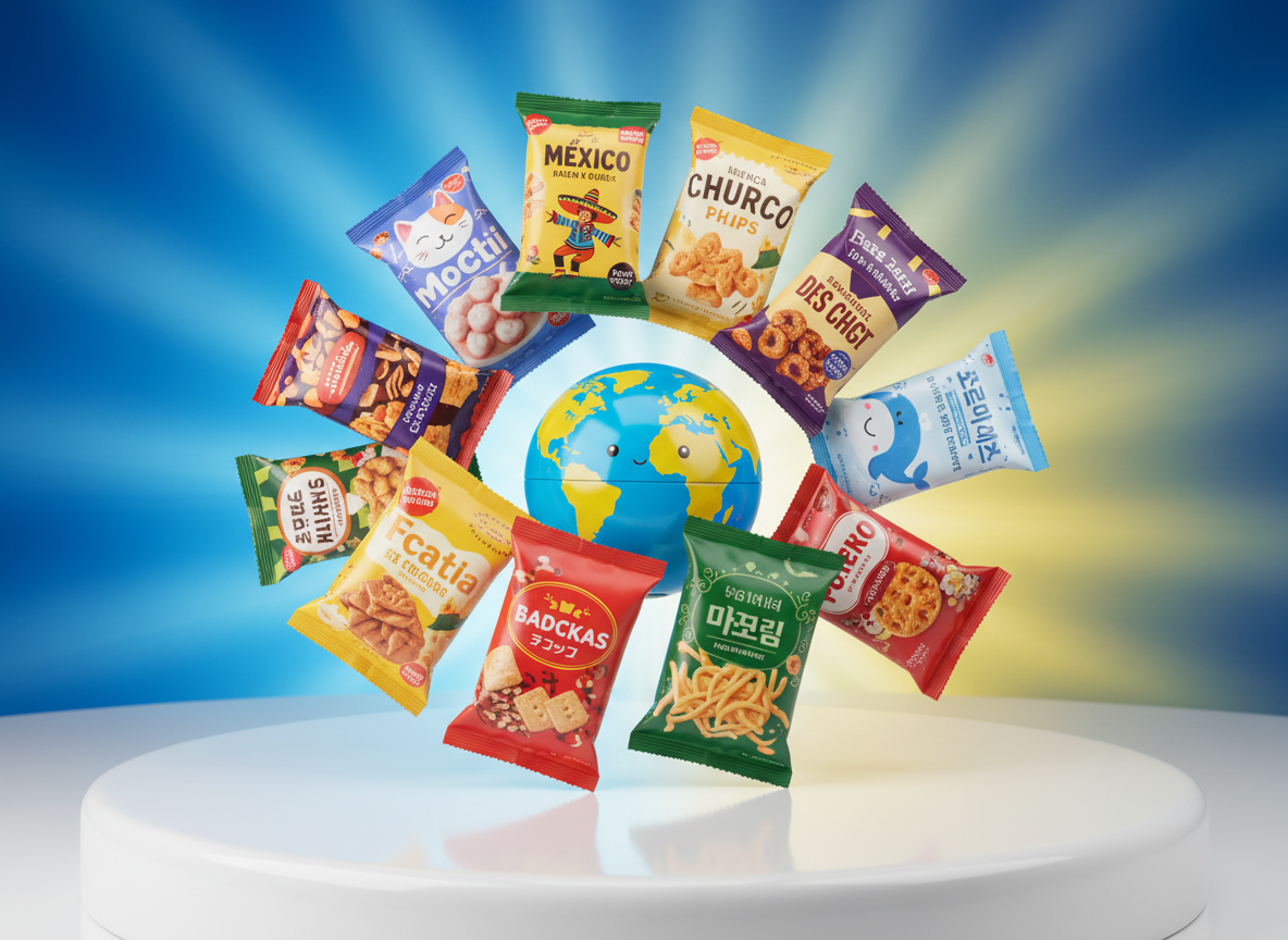 A whimsical, brightly colored assortment of international snack packages arrayed around a glossy, cartoonish globe centerpiece, with textures ranging from shiny foil wrappers to matte paper boxes featuring playful illustrations. The snacks appear to float above a glossy, rounded white surface, with each package angled outward as if inviting exploration. The background is a radiant burst of saturated blues and yellows suggesting energetic travel vibes. Diffused studio lighting provides crisp highlights and vibrant shadows, enhancing each snack’s color, and the overall tone is playful and energetic. Captured from a slightly elevated angle, the scene uses a shallow depth of field to keep the focus on the rich variety of snacks and the globe, matching a photographic realism style that aligns with a modern online shop’s appeal.