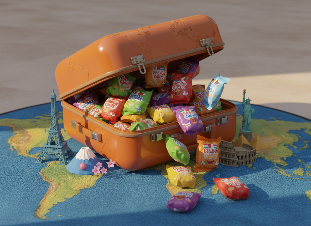 A playful composition featuring a glossy, oversized travel suitcase bursting open to reveal a cascade of international snacks, each wrapped in colorful, rounded packaging. The suitcase sits atop a globe-patterned surface, surrounded by miniature, cartoon-style landmarks like the Eiffel Tower and Mt. Fuji. Bright, diffused lighting creates cheerful highlights on both the snacks and suitcase lining, and gentle shadows add depth and energy. The scene is shot from an eye-level perspective with tight, centered framing and moderate depth of field to focus on the joyous explosion of color and texture. The mood is delightfully whimsical, evoking the excitement of global adventure with a photographic and vibrant style.